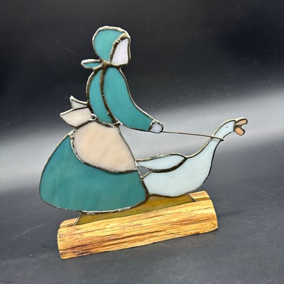 Vintage Stained Glass Goose Maiden Girl Wooden Display Cottagecore Country - Picture 1 of 12